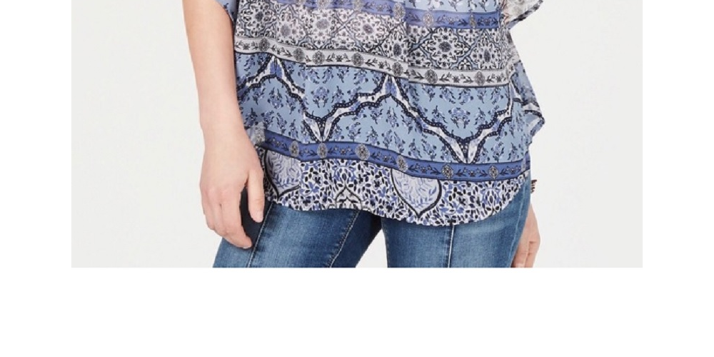 Style & Co Women's Retro Scarf-Print Pintuck-Pleat Top Navy Size X-Small