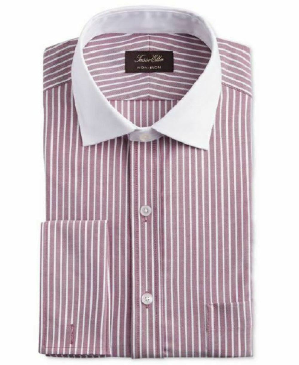 Tasso Elba Men's Classic/Regular Fit Non-Iron Supima Cotton Twill Bar Stripe French Cuff Dress Shirt  Red Size 34-35