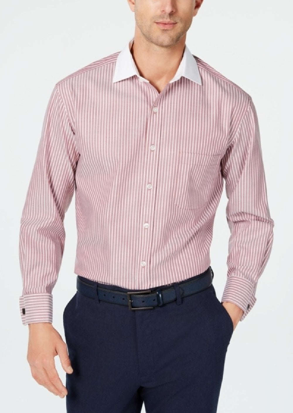 Tasso Elba Men's Classic/Regular Fit Non-Iron Supima Cotton Twill Bar Stripe French Cuff Dress Shirt  Red Size 34-35