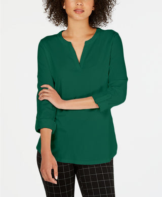 Charter Club Women's Supima Cotton Split-Neck Top  Killala Green Size Small