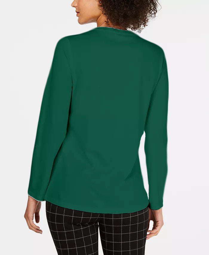 Charter Club Women's Supima Cotton Split-Neck Top  Killala Green Size Small