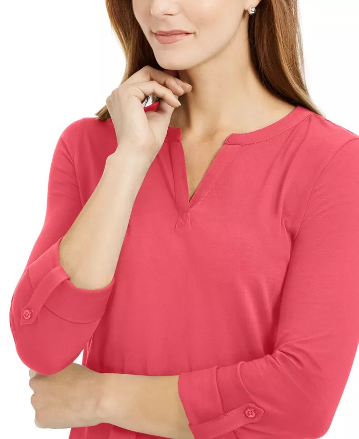 Charter Club Women's Supima Cotton Split-Neck Top  Pink Size Extra Small