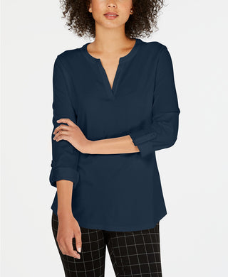 Charter Club Women's Petite Supima Cotton Split-Neck Top  Blue Size Small