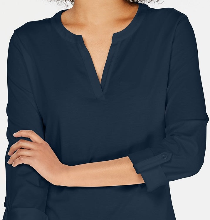 Charter Club Women's Petite Supima Cotton Split-Neck Top  Blue Size Small