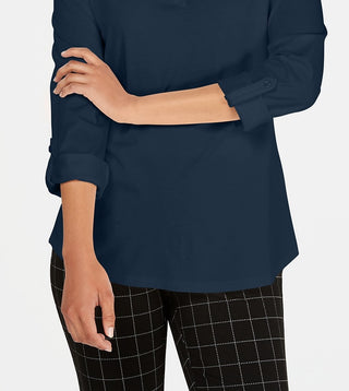 Charter Club Women's Petite Supima Cotton Split-Neck Top  Blue Size Small