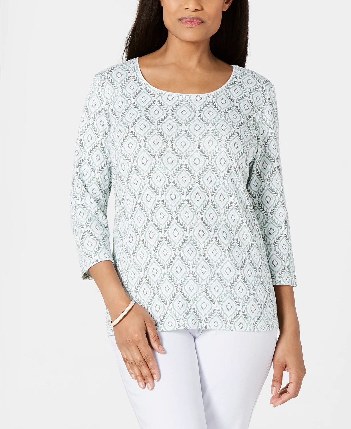 Karen Scott Women's Vine Print 3/4 Sleeve Top Green Size Large