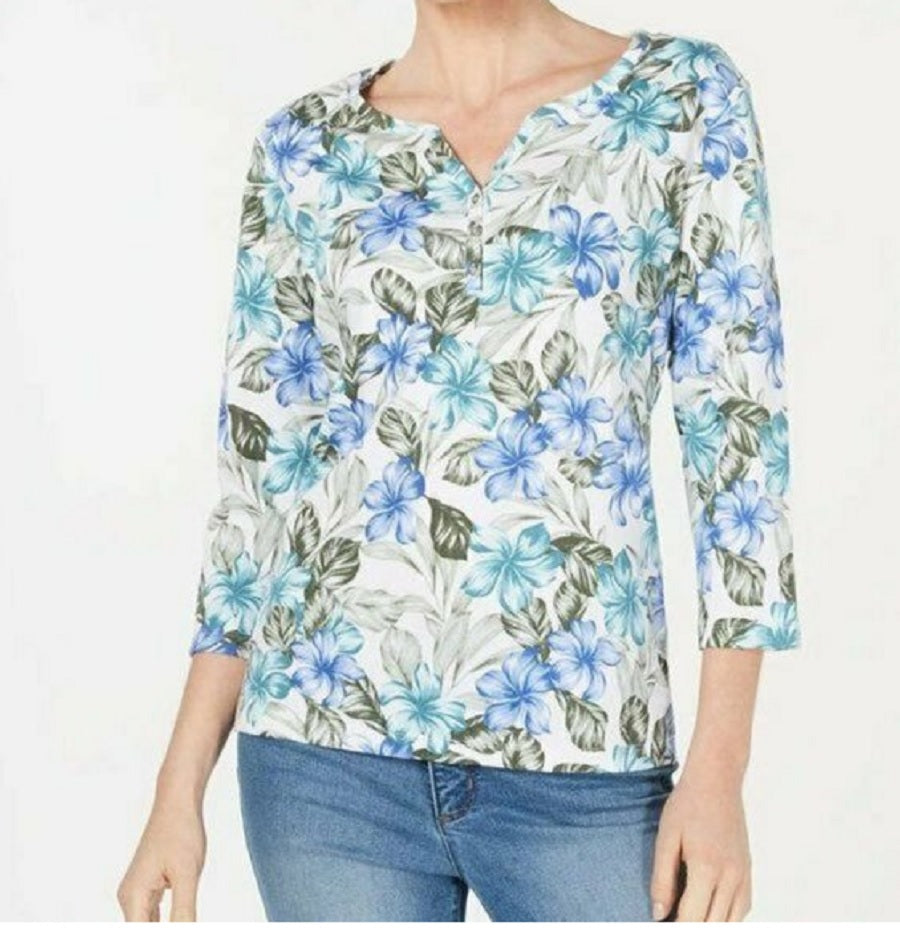 Karen Scott Women's Floral-Print 3/4-Sleeve Top Blue Size Small