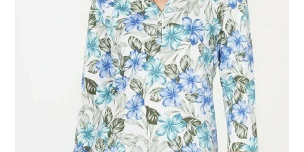 Karen Scott Women's Floral-Print 3/4-Sleeve Top Blue Size Small