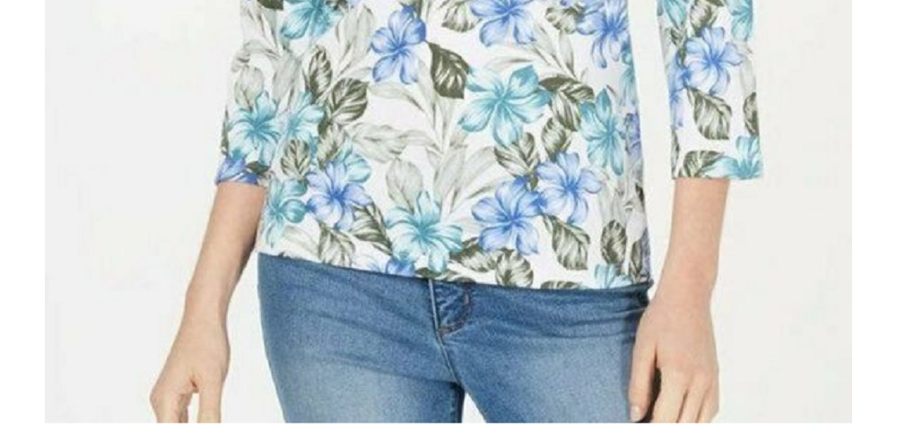 Karen Scott Women's Floral-Print 3/4-Sleeve Top Blue Size Small