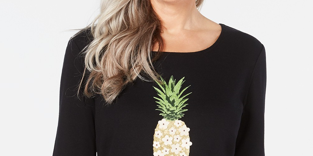 Karen Scott Women's Cotton Pineapple Graphic-Print T-Shirt Black Size 2X-Large
