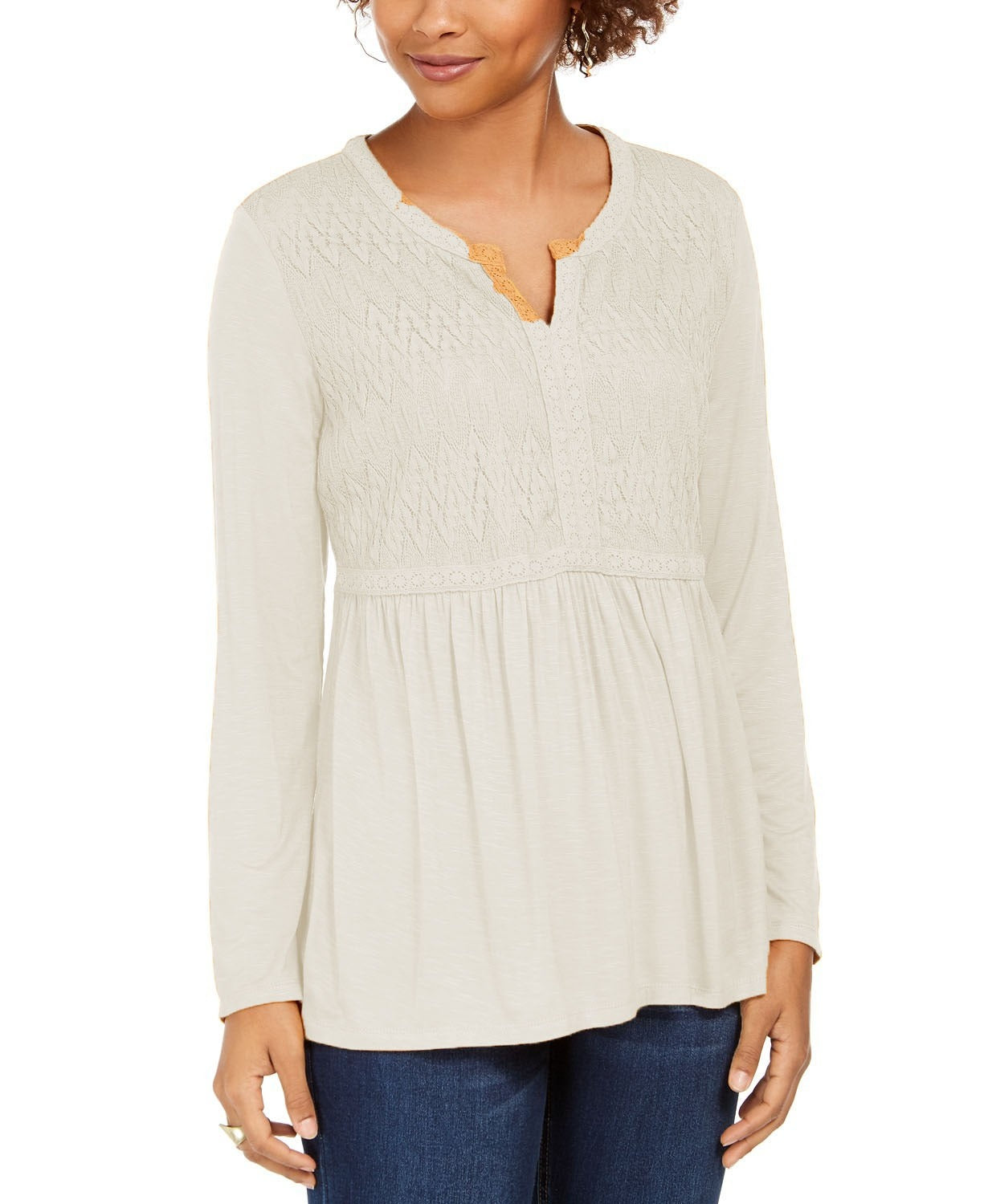 Style & Co Women's Lace-Front Draped Top Beige Size Small