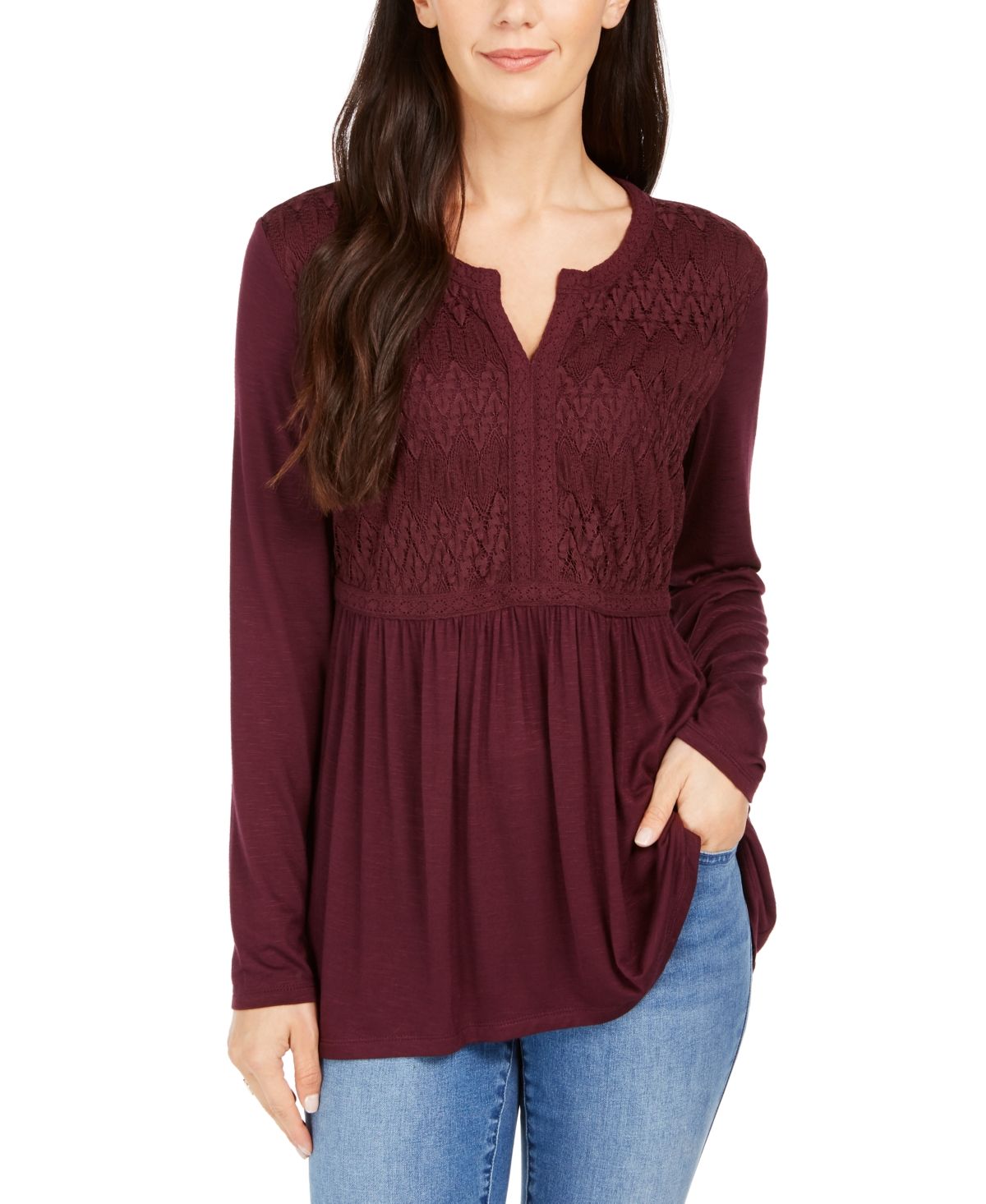 Style & Co Women's Lace-Front Draped Top Wine Size Small