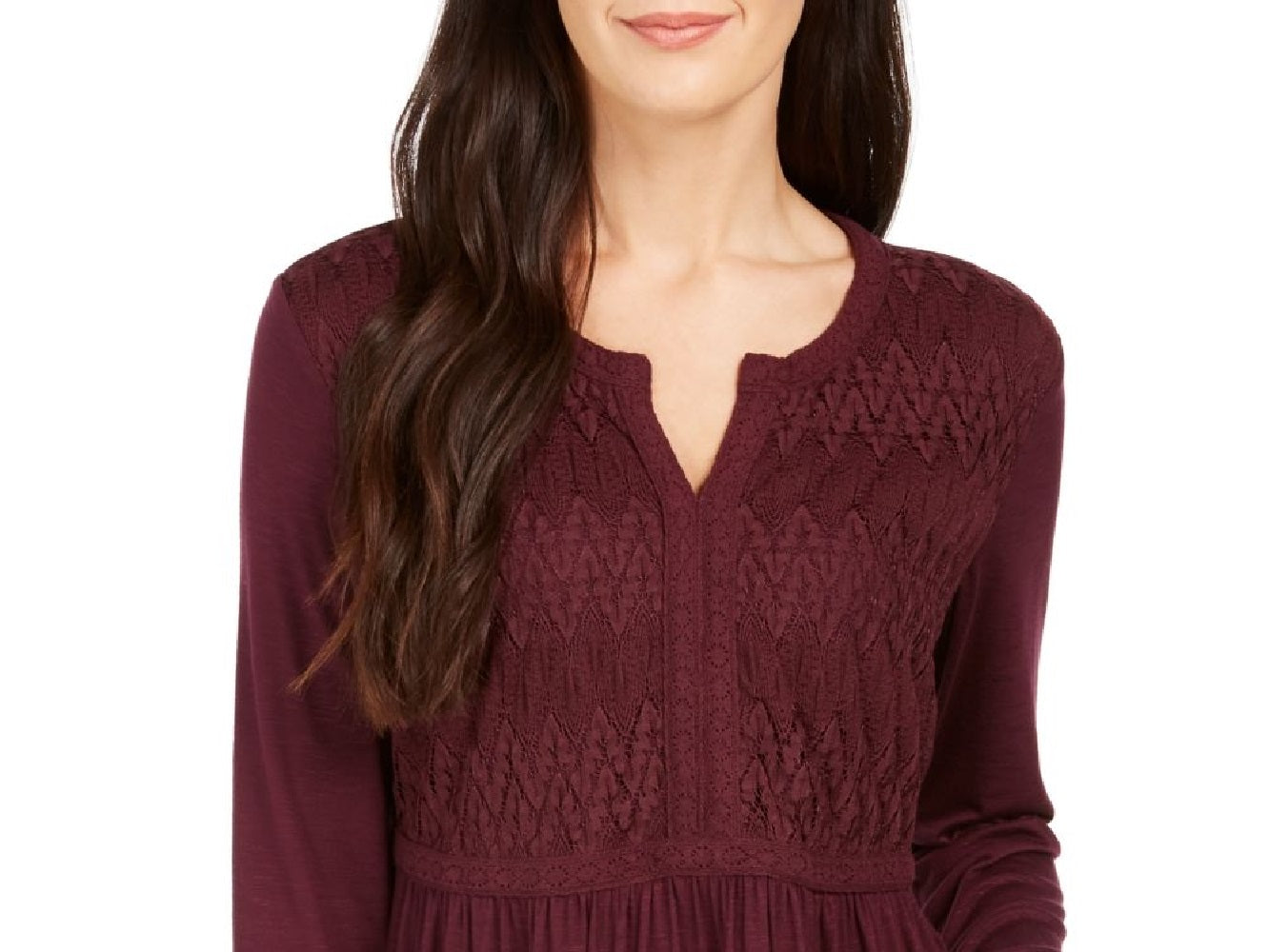 Style & Co Women's Lace-Front Draped Top Wine Size Small