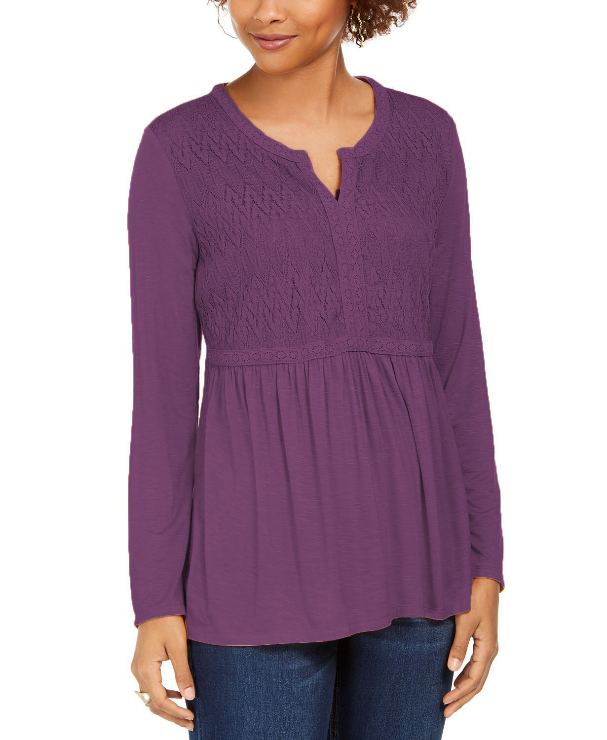 Style & Co Women's Lace-Front Draped Top Purple Size Large