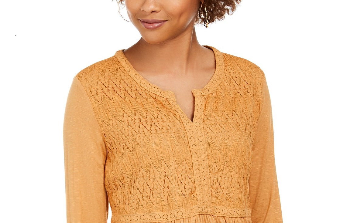 Style & Co Women's Lace-Front Draped Top Gold Size M