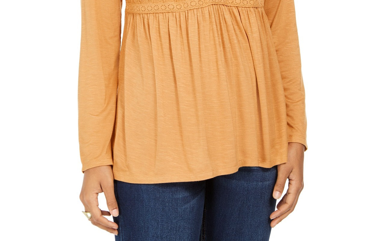 Style & Co Women's Lace-Front Draped Top Gold Size M