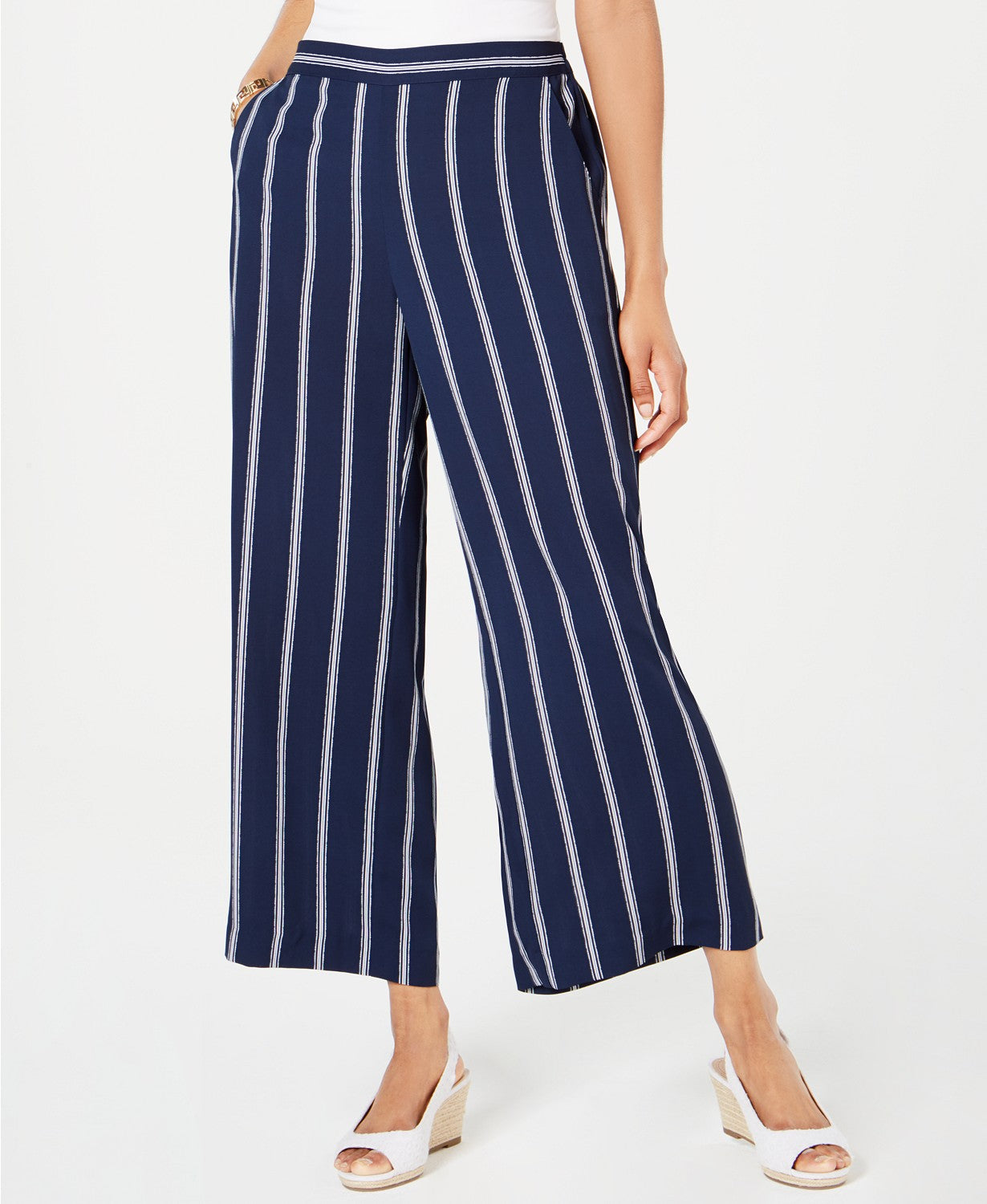 Charter Club Women's Striped Cropped Wide Leg Pants Blue Size Medium