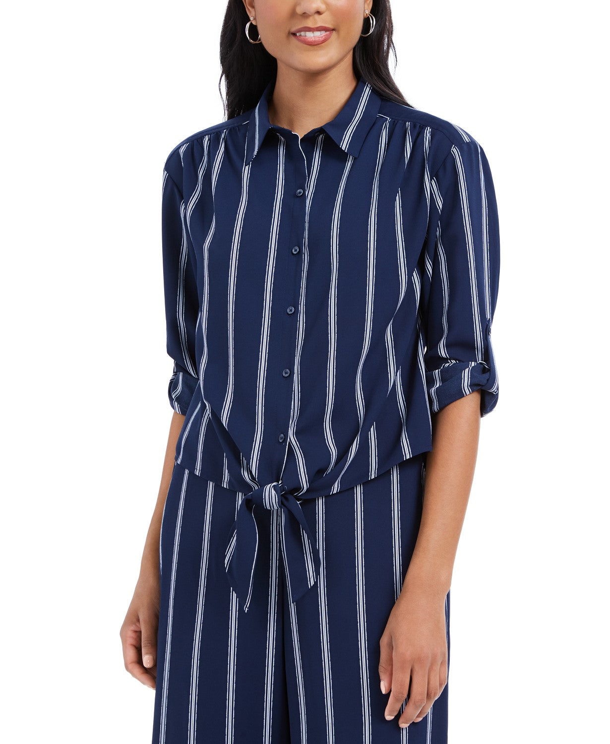 Charter Club Women's Striped Tie-Front Shirt Blue Size Large