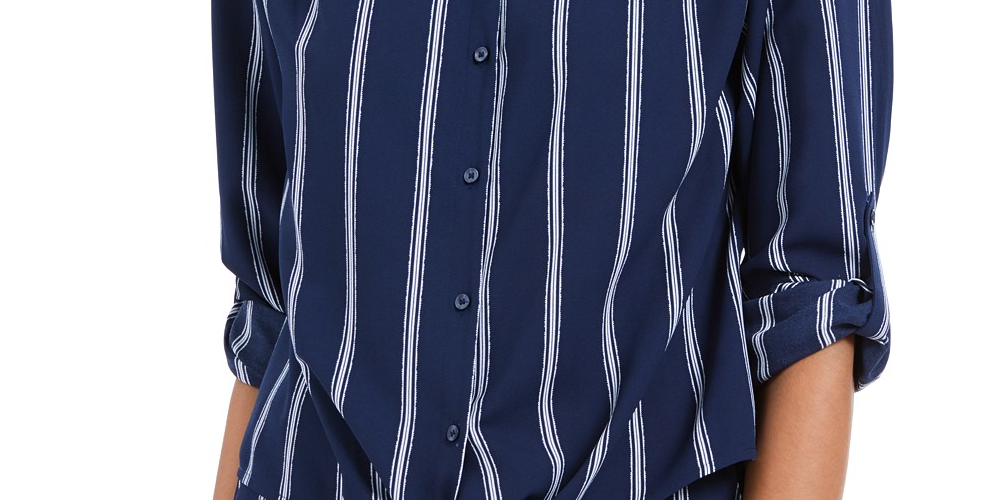 Charter Club Women's Striped Tie-Front Shirt Blue Size Large