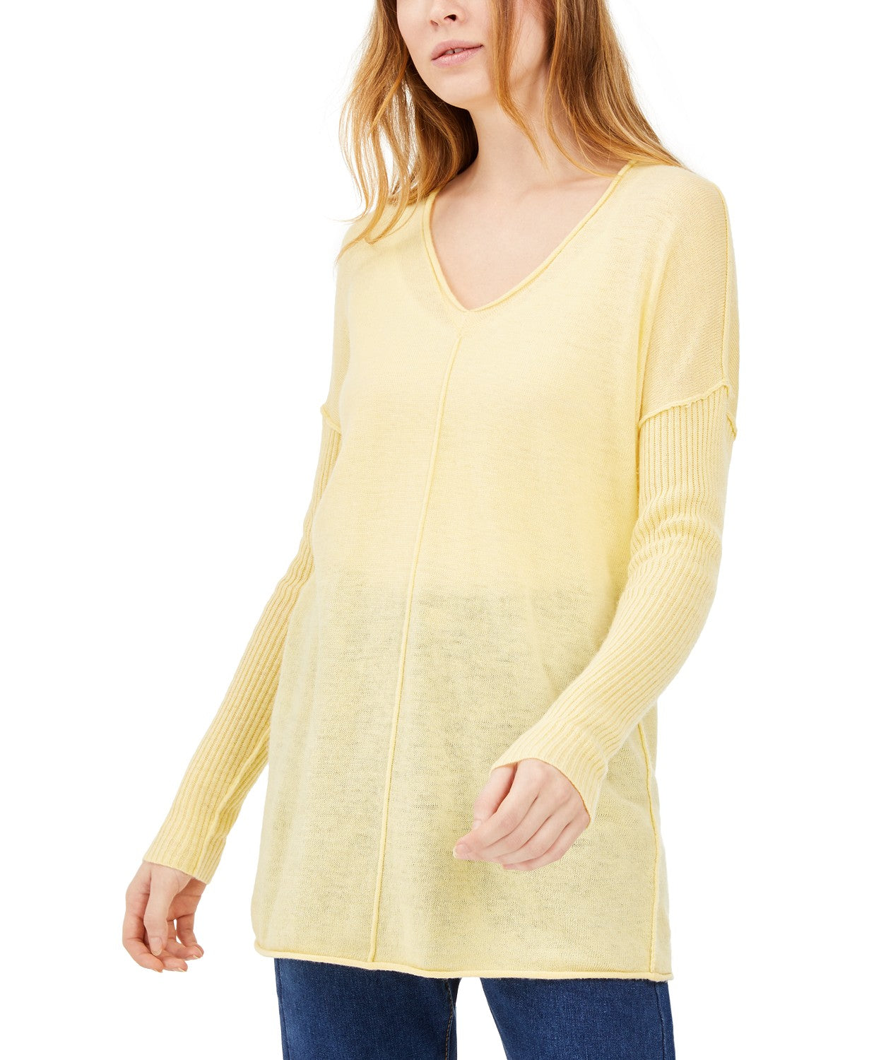 INC International Concepts Women's Ribbed Long-Sleeve Tunic Sweater Yellow Size Large