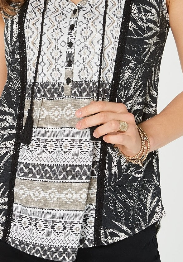 Style & Co Women's Lace-Up Tasseled Top  Black Size Small