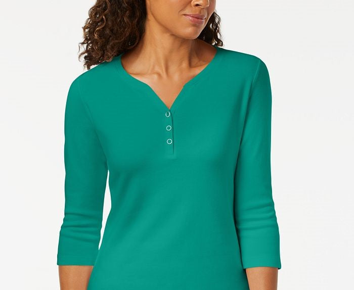 Karen Scott Women's Cotton Henley Top Green Size Small