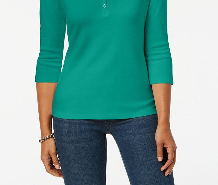 Karen Scott Women's Cotton Henley Top Green Size Small
