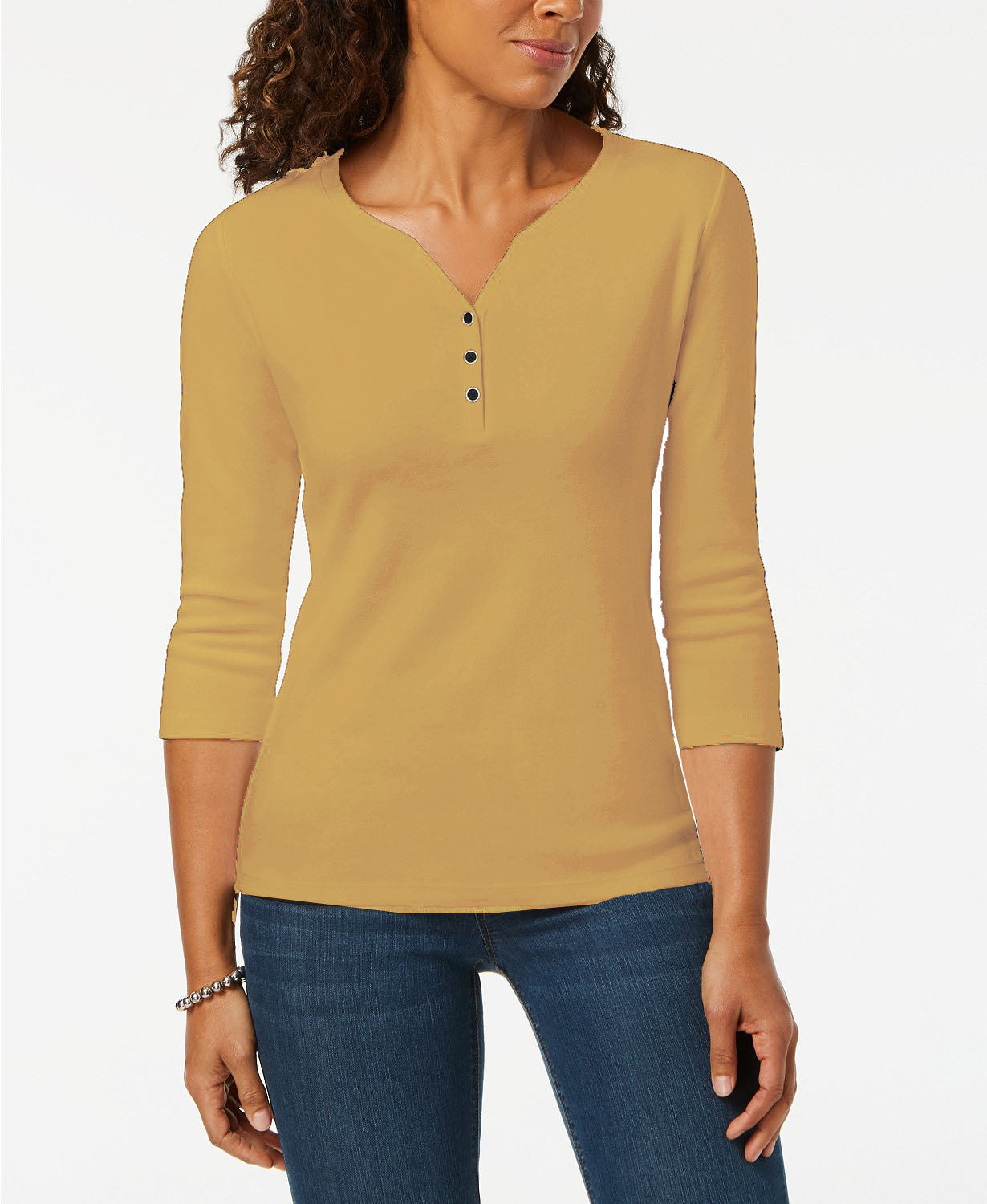 Karen Scott Women's Petite Cotton Henley Shirt Brown Size Large