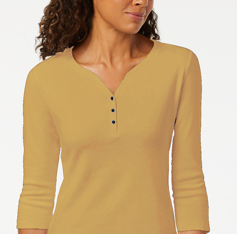 Karen Scott Women's Petite Cotton Henley Shirt Brown Size Large