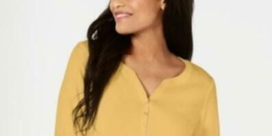 Karen Scott Women's Petite Cotton Henley Shirt Yellow Size Petite Extra Large