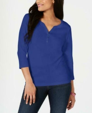Karen Scott Women's Petite Cotton Henley Shirt Blue Size Small