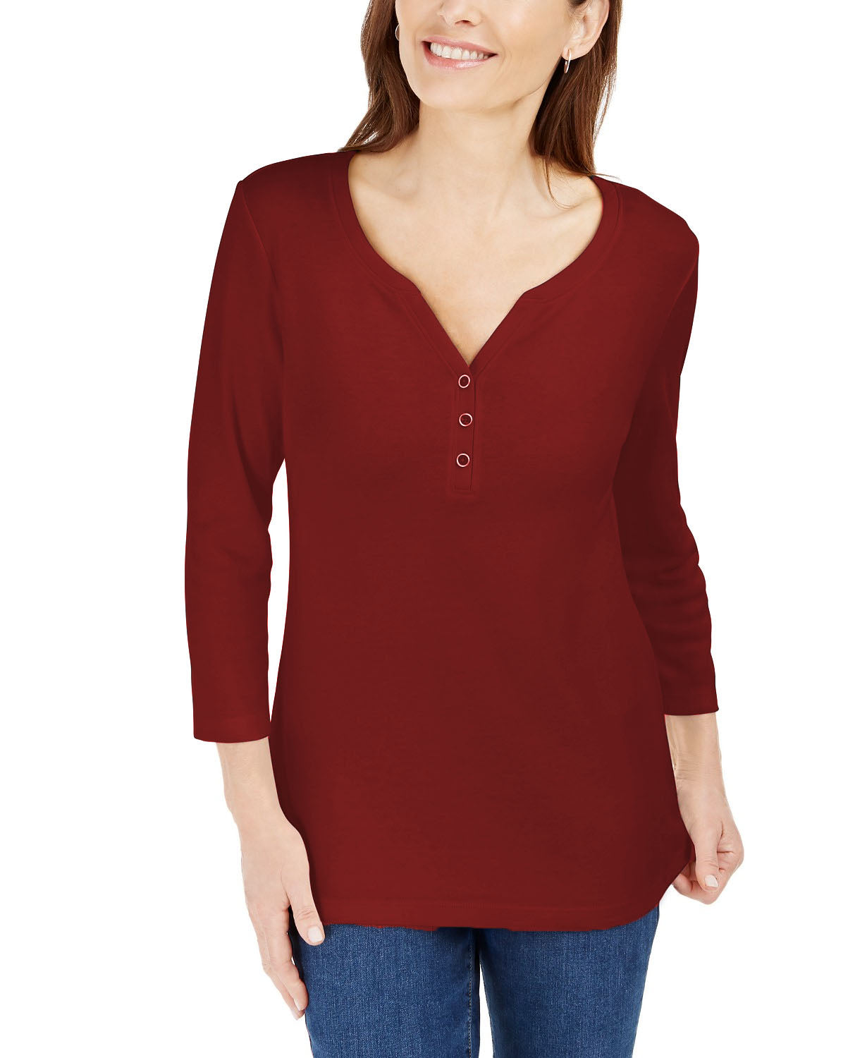 Karen Scott Women's Petite 3/4-Sleeve Henley Shirt Merlot Size Medium
