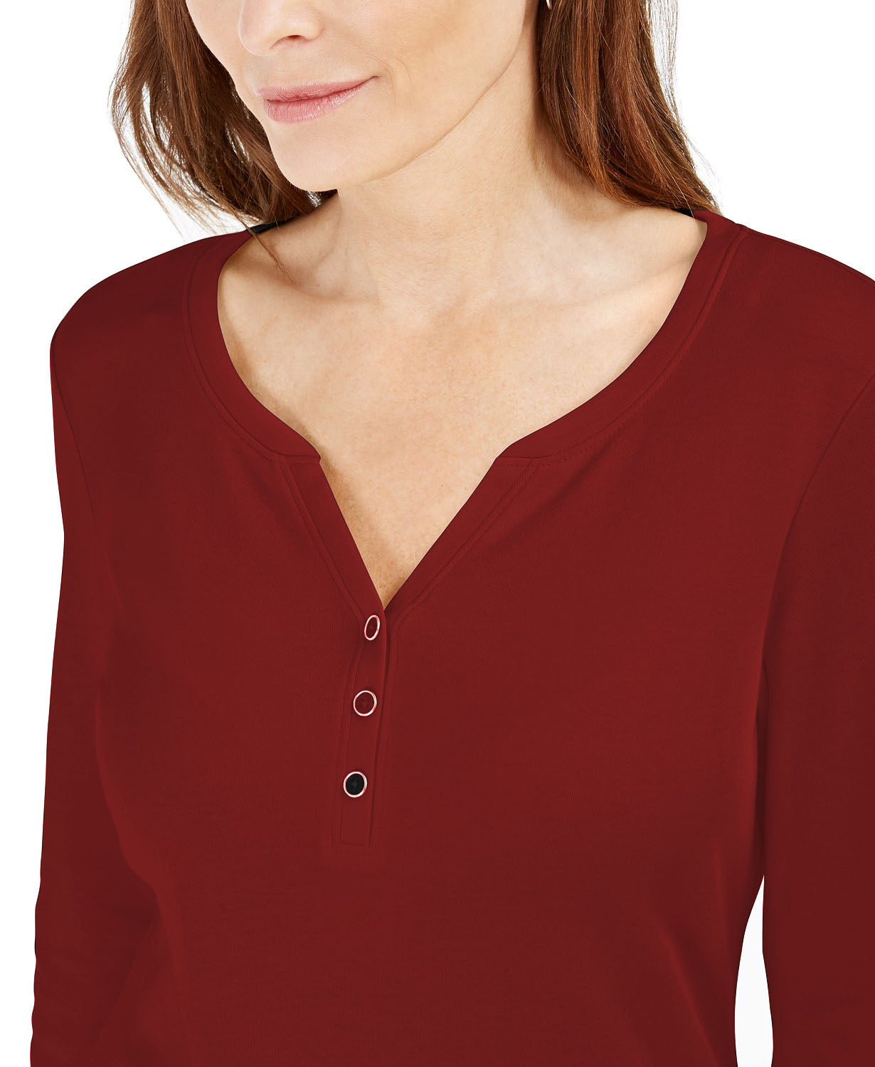 Karen Scott Women's Petite 3/4-Sleeve Henley Shirt Merlot Size Medium