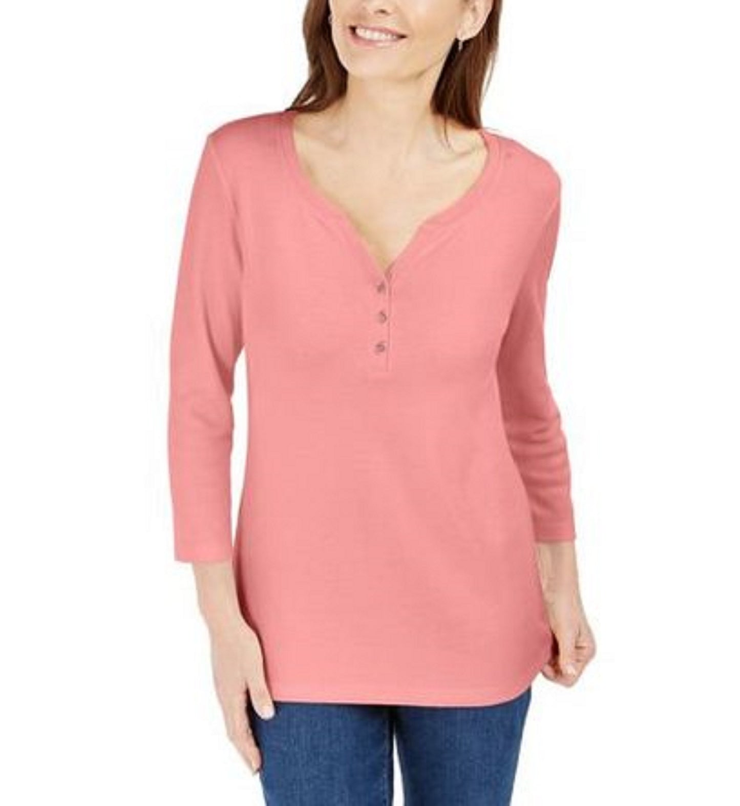 Karen Scott Women's Petite Cotton Henley Shirt  Pink Size Medium
