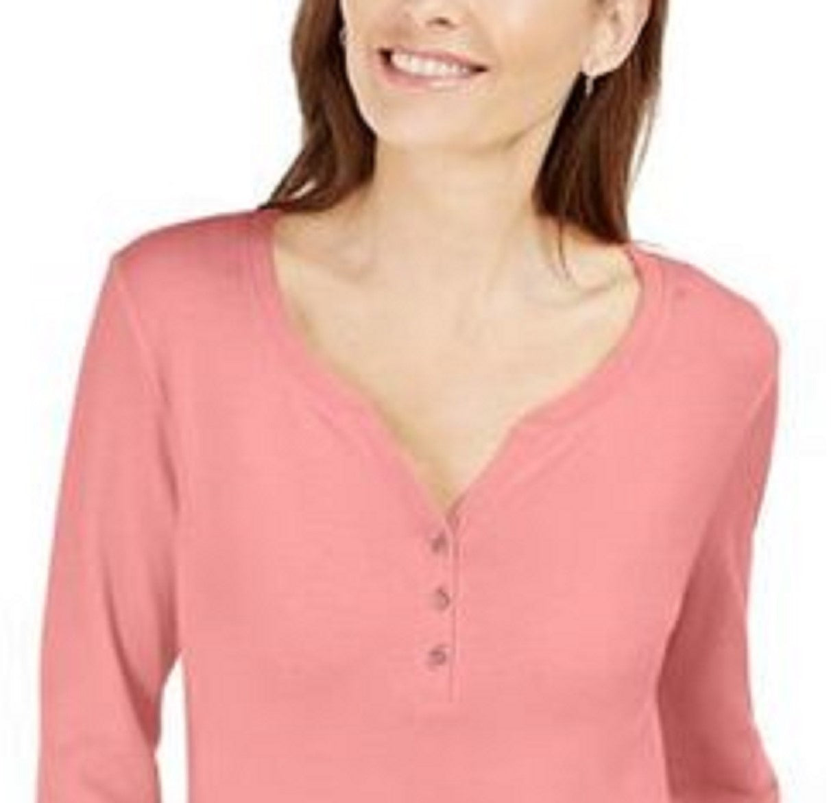 Karen Scott Women's Petite Cotton Henley Shirt  Pink Size Medium