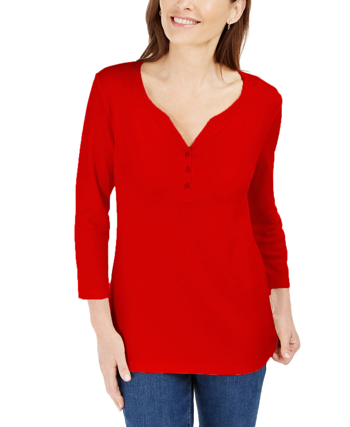 Karen Scott Women's Petite 3/4-Sleeve Henley Shirt Red Size Medium