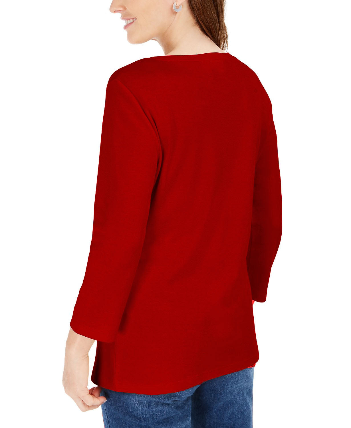 Karen Scott Women's Petite 3/4-Sleeve Henley Shirt Red Size Medium