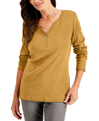 Karen Scott Women's Petite Cotton Henley Shirt Gold Size Petite Small