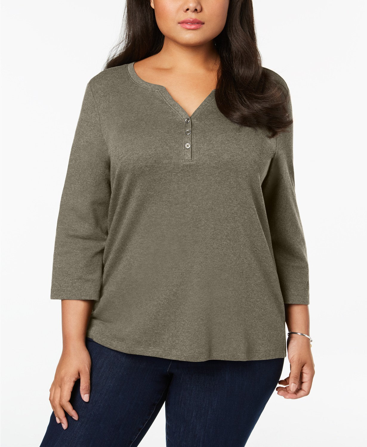 Karen Scott Women's Plus Size Cotton Split-Neck Top Gray Size 2X
