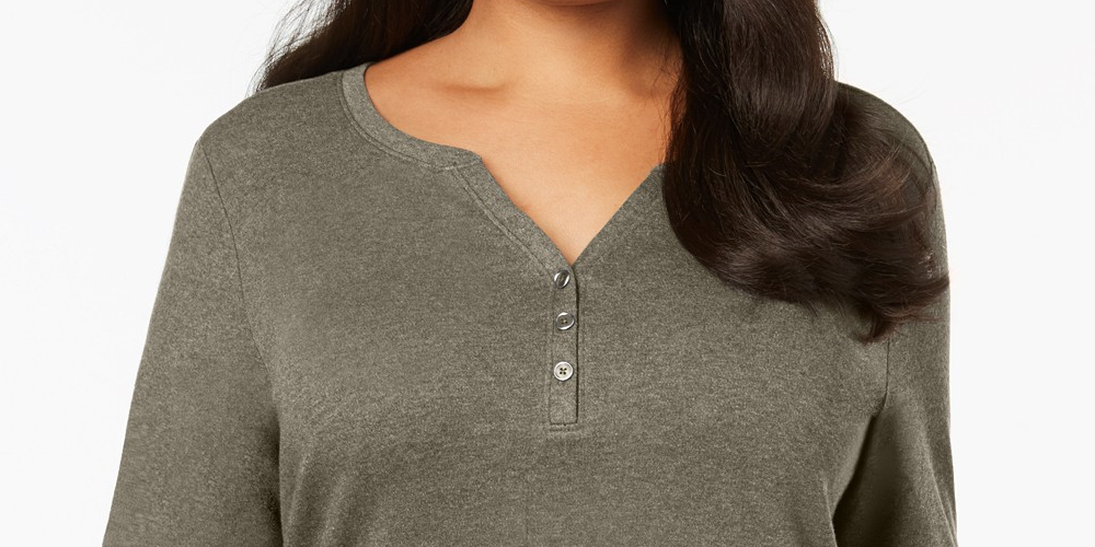 Karen Scott Women's Plus Size Cotton Split-Neck Top Gray Size 2X