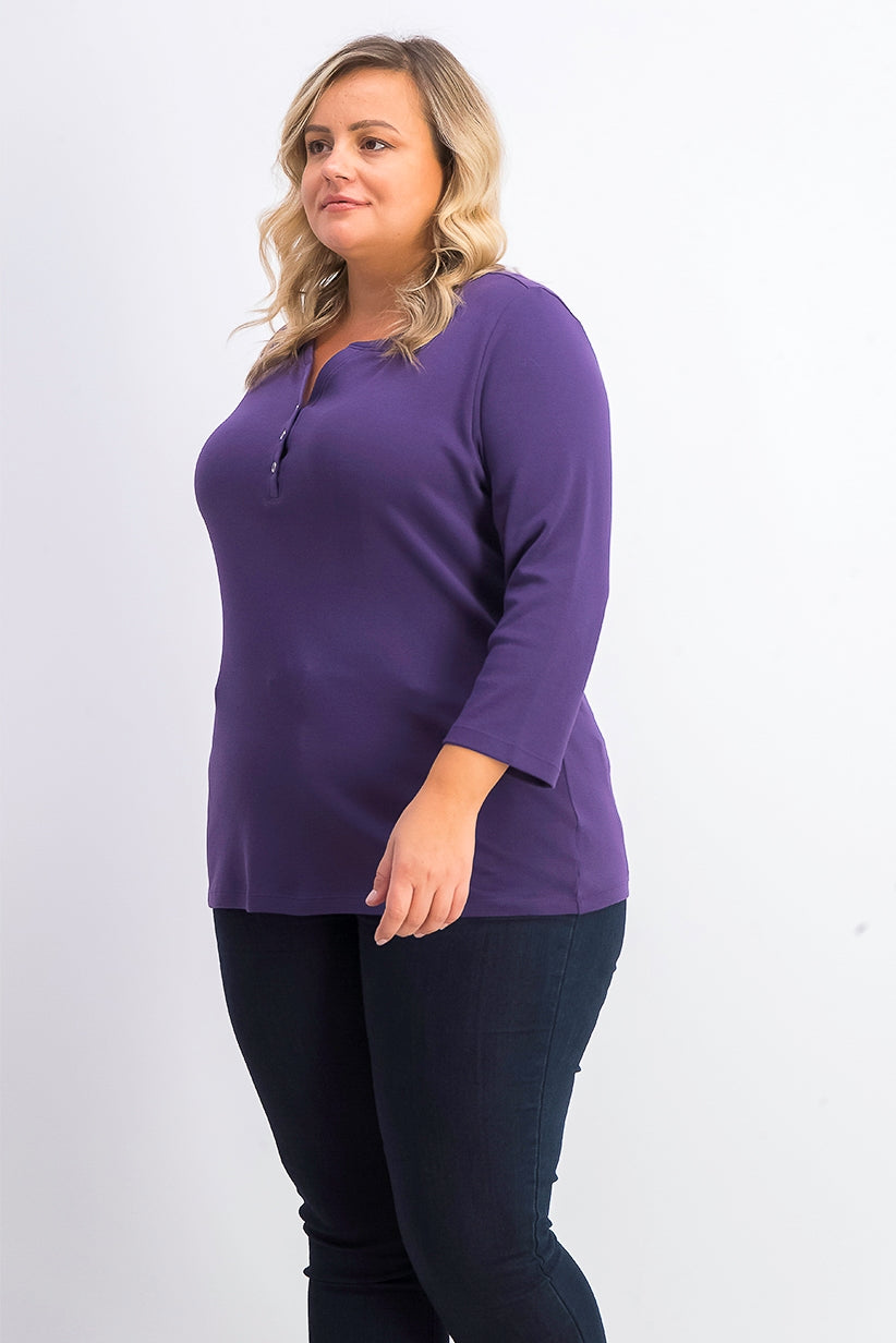 Karen Scott Women's Plus Size Cotton Split-Neck Top  Purple Size 2 Extra Large
