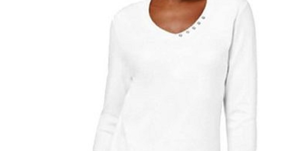 Karen Scott Women's Cotton V-Neck Button-Trim Top White Size Medium