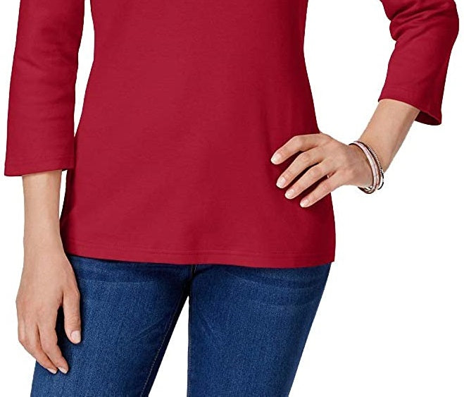 Karen Scott Women's Petite Cotton Scoop-Neck Top  Bright Red Size Small