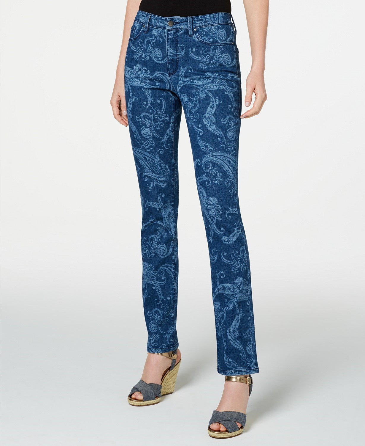 Charter Club Women's Paisley-Print Straight-Leg Jeans Med Blue Size 16