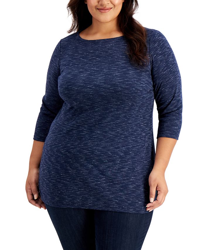 Karen Scott Women's Plus Size Space-Dye 3/4-Sleeve Top Navy Size 0X
