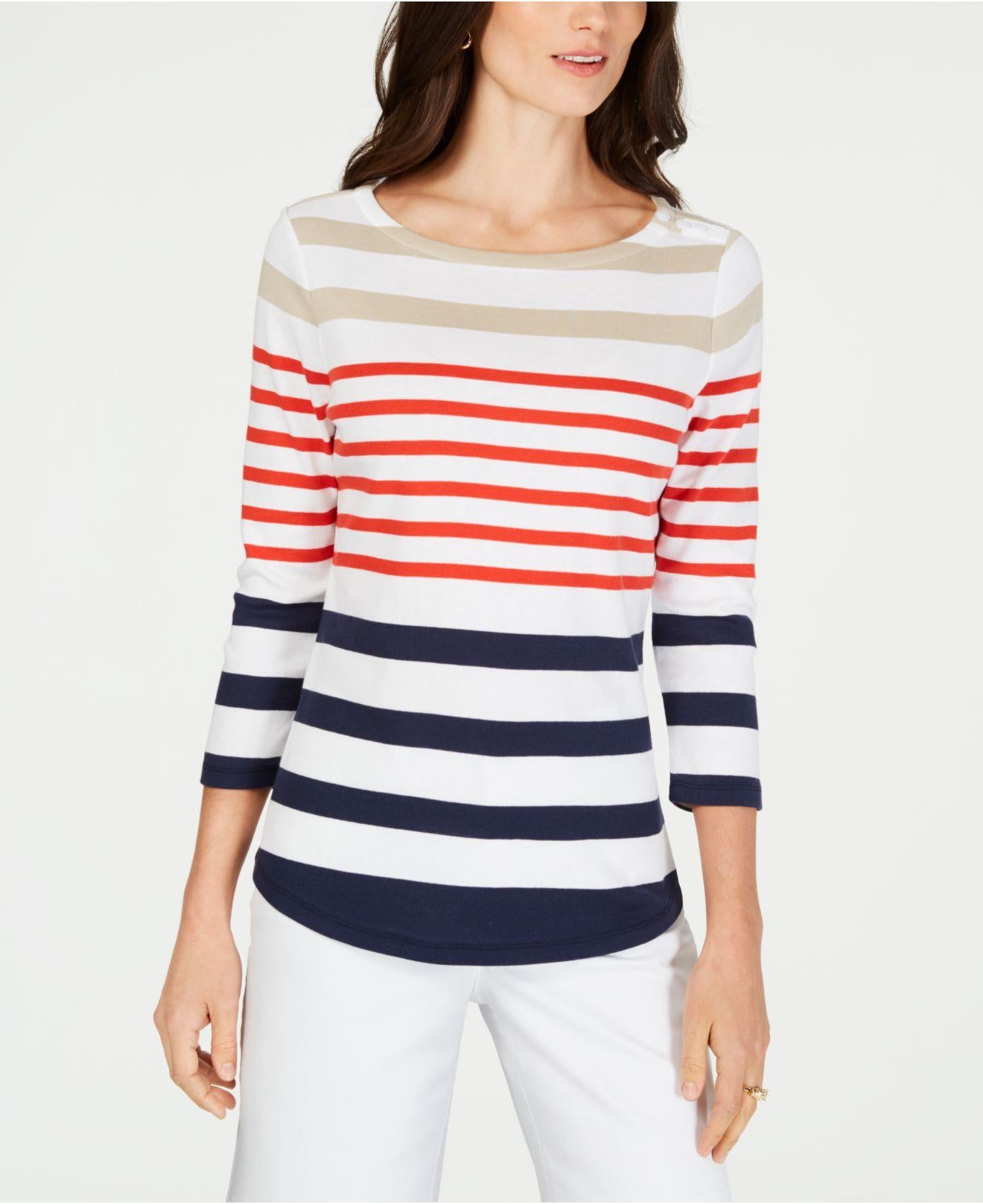 Charter Club Women's Pima Cotton Button-Shoulder Stripe Top Red Size 2 Extra Large