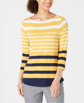 Charter Club Women's Pima Cotton Button-Shoulder Stripe Top  Yellow Size Extra Large