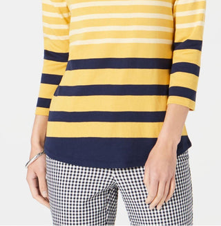 Charter Club Women's Pima Cotton Button-Shoulder Stripe Top  Yellow Size Extra Large