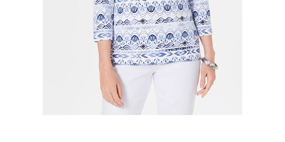 Karen Scott Women's Petite Ikat Printed Top Blue Size Small