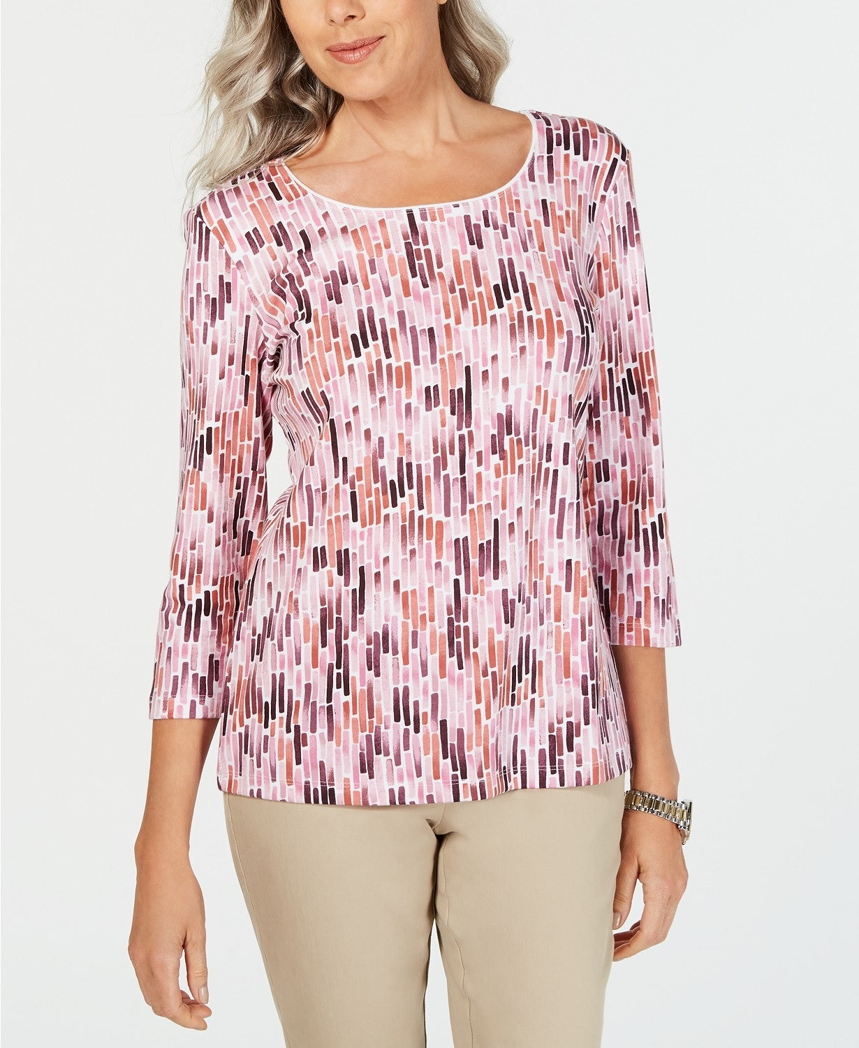 Karen Scott Women's Printed 3/4-Sleeve Top Autumn Berry Size Petite Large
